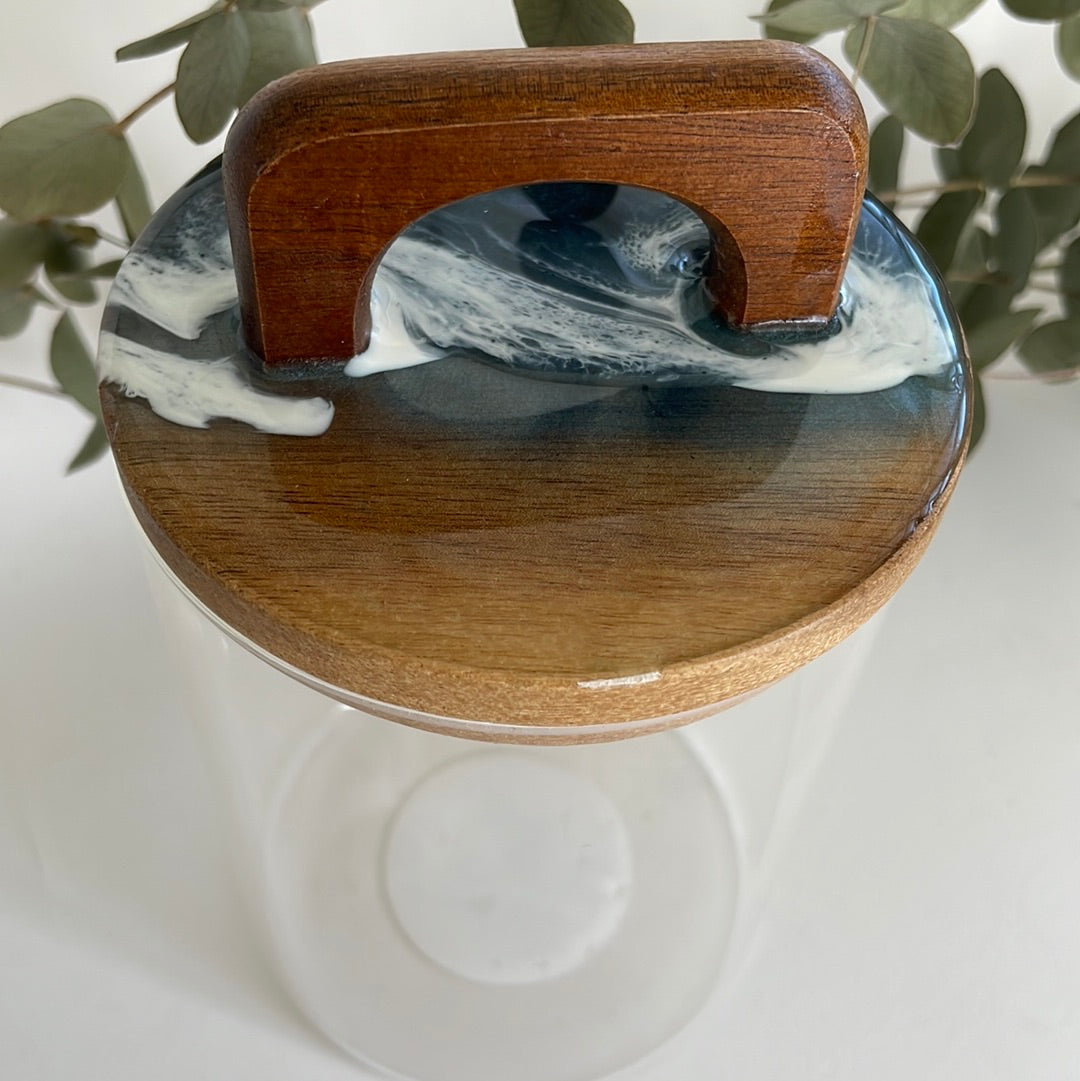 Tarros cristal con tapa en madera y resina