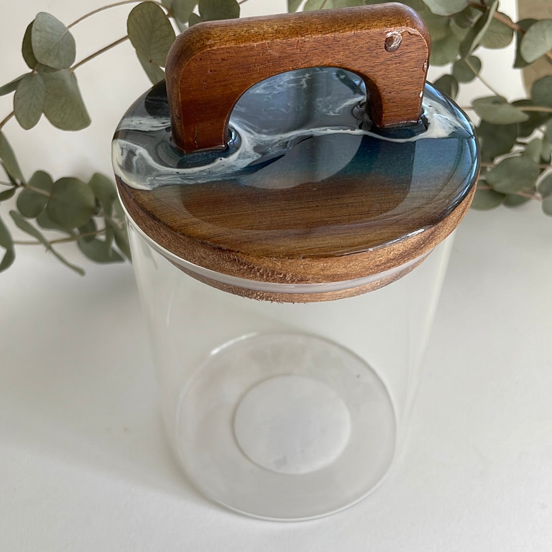 Tarros cristal con tapa en madera y resina
